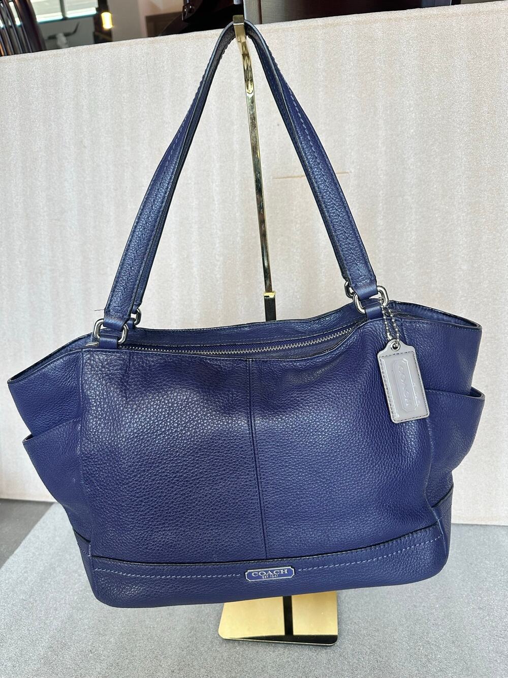 Coach Park Carrie Tote F23284 Denim Blue Pebbled Leather Silver Hardware